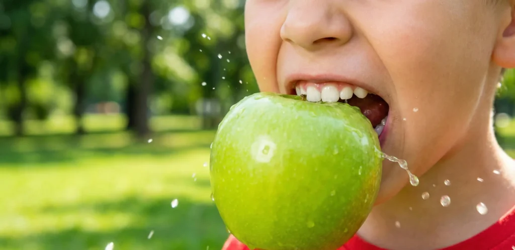 Παιδί δαγκώνει ένα φρέσκο πράσινο μήλο, συμβολίζοντας την υγιεινή διατροφή για γερά δόντια.