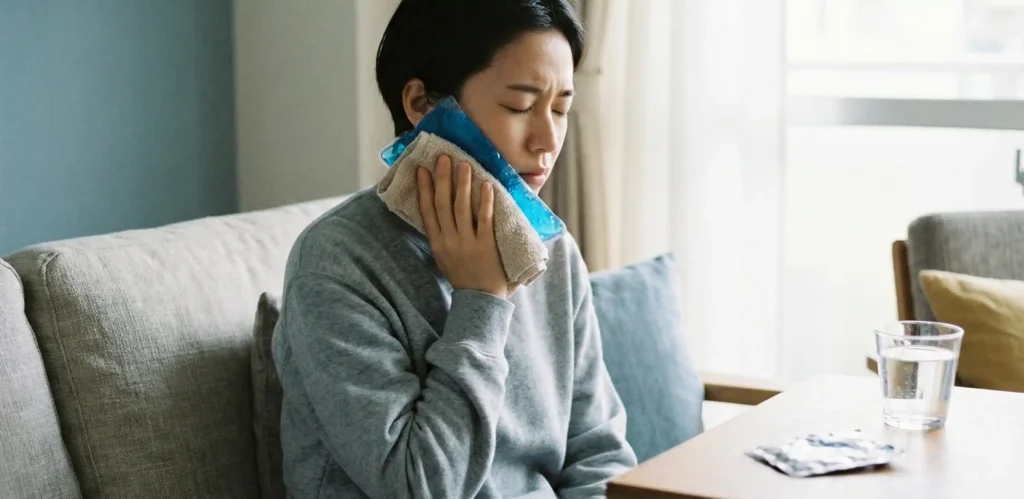 Άτομο που εφαρμόζει κρύα κομπρέσα στο σαγόνι για ανακούφιση από τον πονόδοντο.