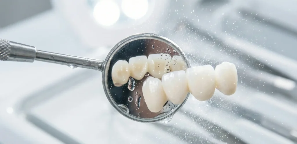 Οδοντιατρικό καθρεφτάκι που αντικατοπτρίζει καθαρά και υγιή δόντια με όψεις πορσελάνης.