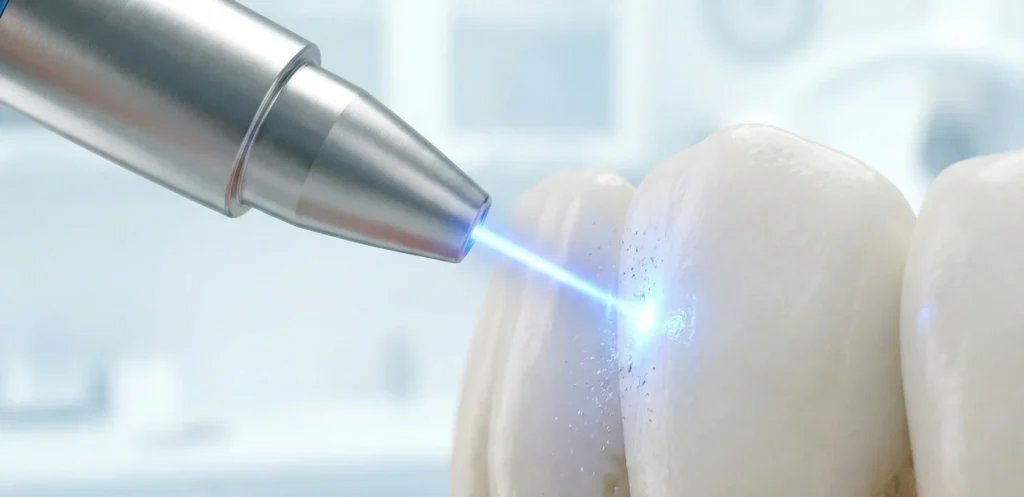 Κοντινό πλάνο εργαλείου λέιζερ που αφαιρεί την πλάκα από την επιφάνεια του δοντιού με ακρίβεια.