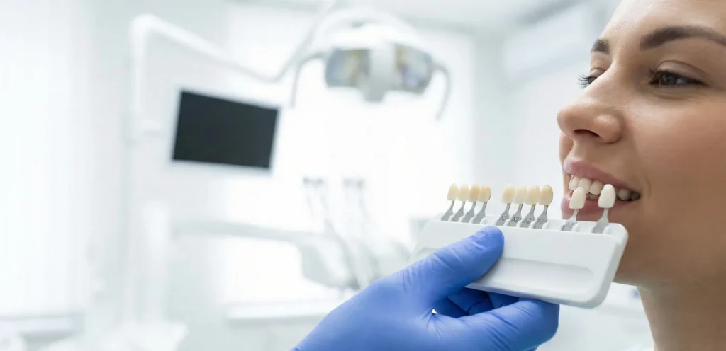 Οδοντίατρος συγκρίνει αποχρώσεις πορσελάνης για την επιλογή του κατάλληλου χρώματος όψεων.