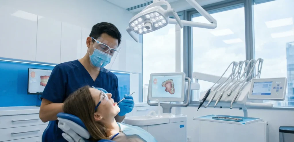 Οδοντίατρος εξετάζει προσεκτικά τα δόντια ασθενούς σε σύγχρονο οδοντιατρείο.