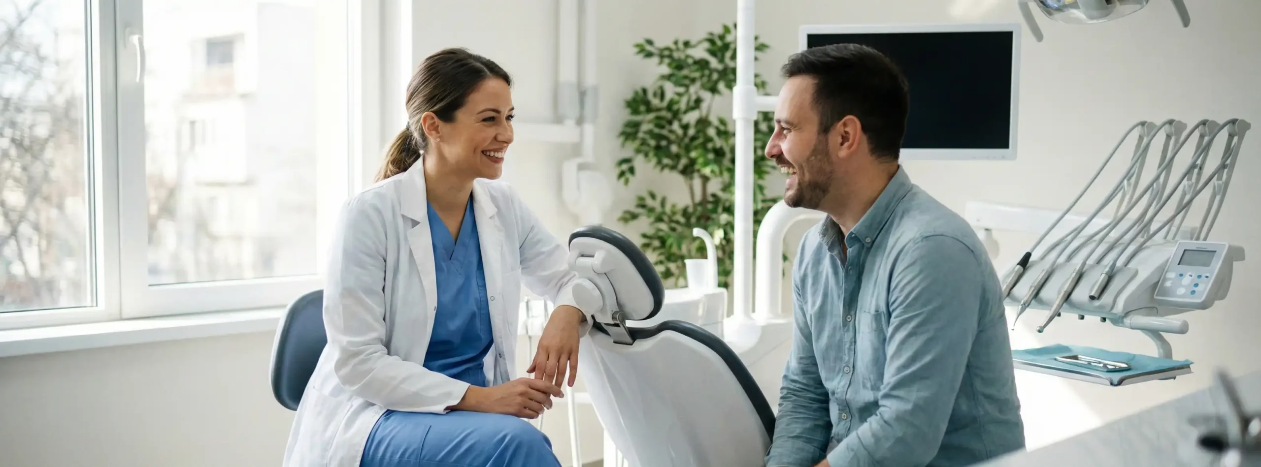 Οδοντίατρος και ασθενής συζητούν χαμογελαστοί σε κλίμα εμπιστοσύνης πριν την εξέταση.