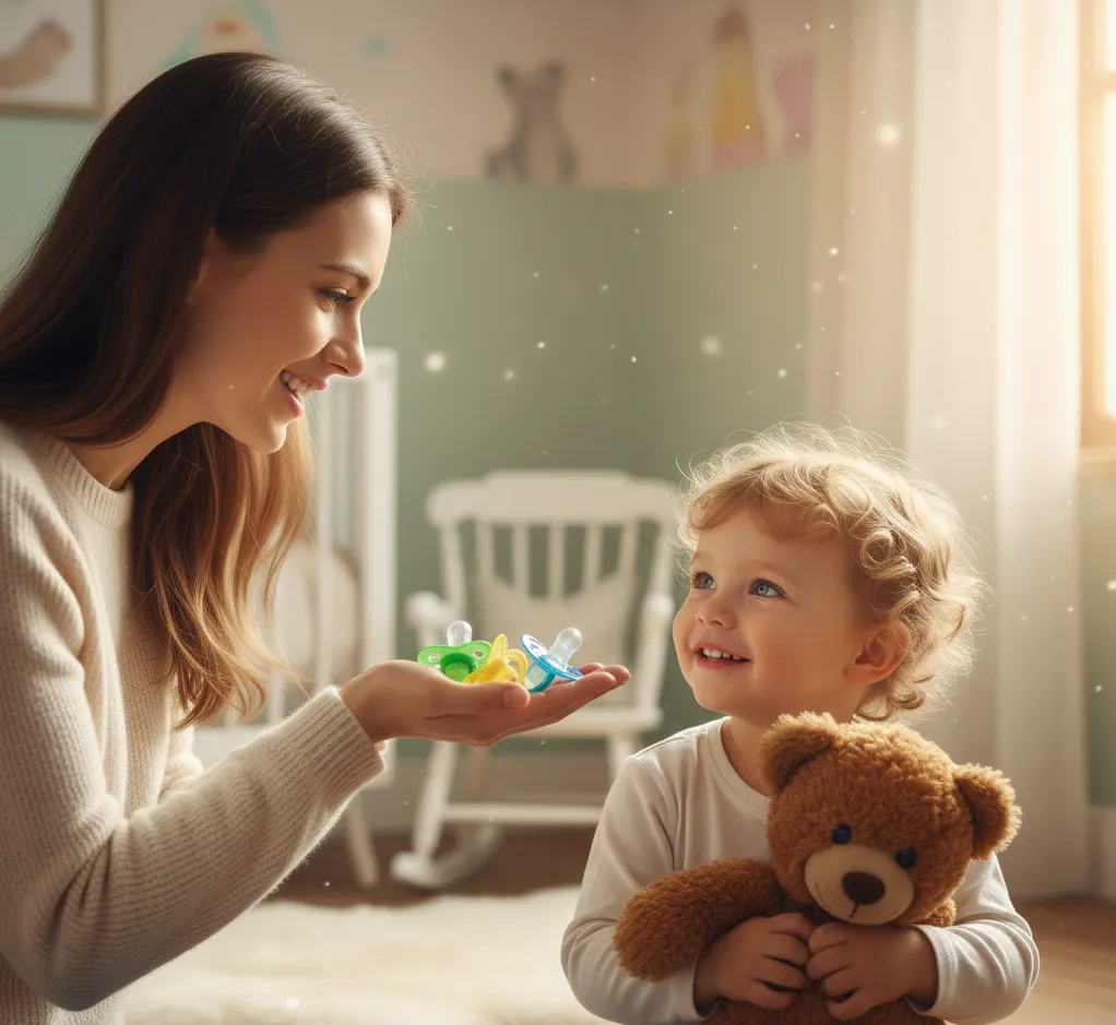 Μητέρα κρατάει την πιπίλα καθώς το νήπιο παιδί της χαμογελά κρατώντας ένα λούτρινο αρκουδάκι.