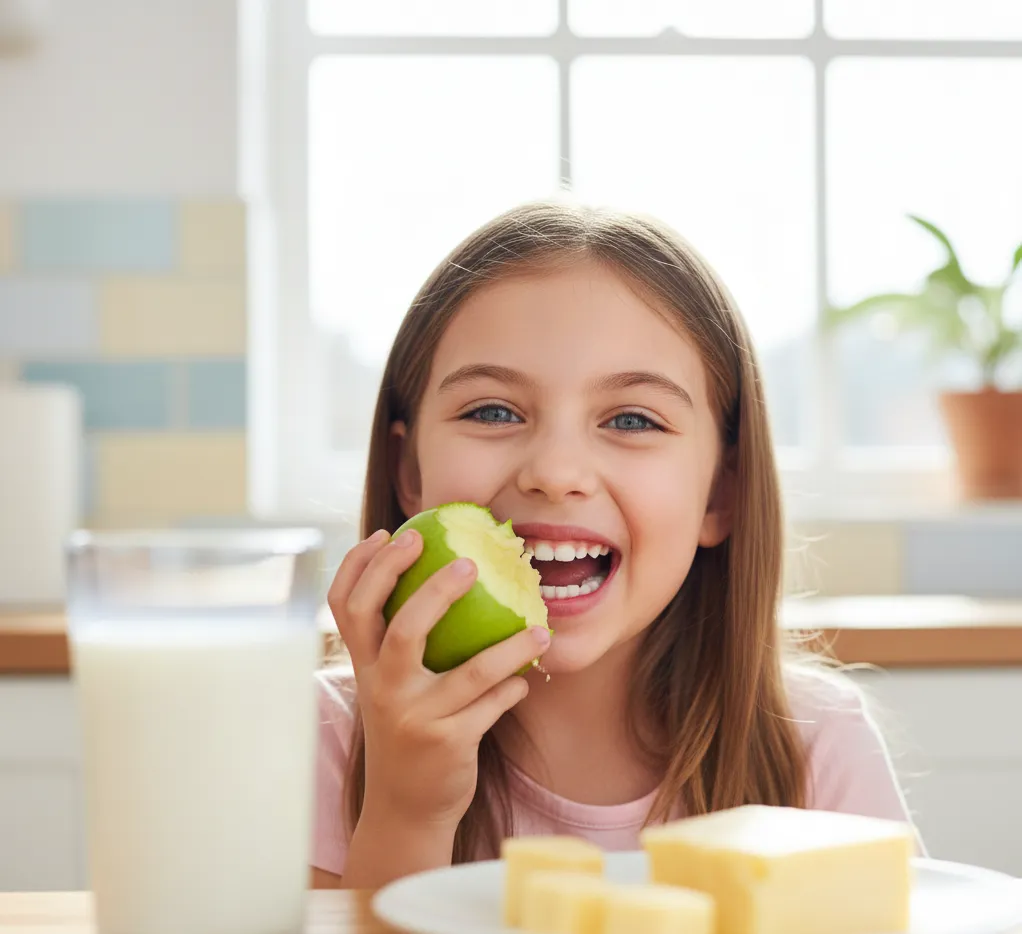 Κοριτσάκι τρώει ένα πράσινο μήλο, το οποίο βοηθά στον φυσικό καθαρισμό των δοντιών, μαζί με άλλα υγιεινά σνακ.