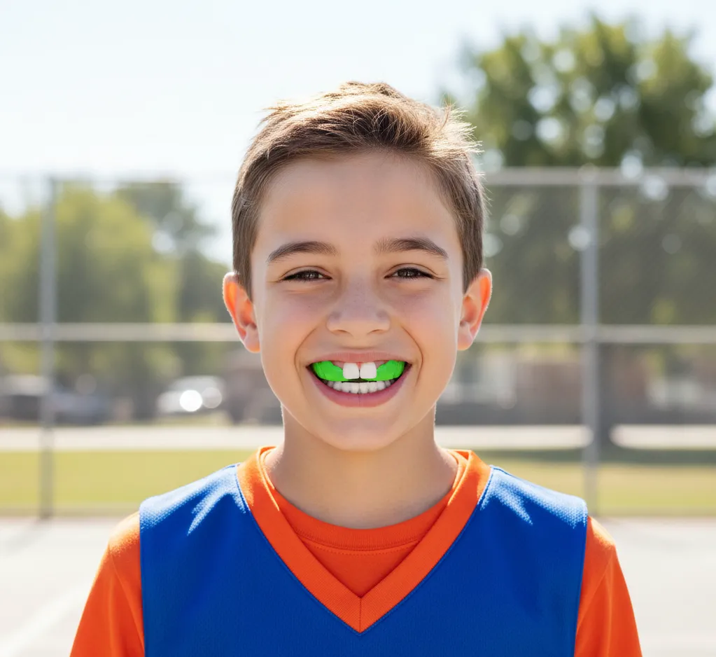 Παιδί αθλητής φοράει προστατευτικό μασητικό (mouthguard) για την αποφυγή οδοντικών τραυματισμών κατά την άθληση.