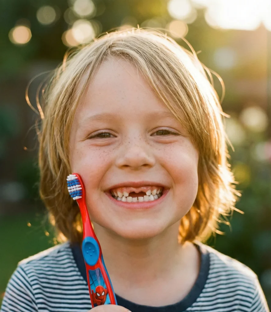 Χαρούμενο παιδί που χαμογελάει δείχνοντας τα υγιή δόντια του και κρατάει μια πολύχρωμη οδοντόβουρτσα.