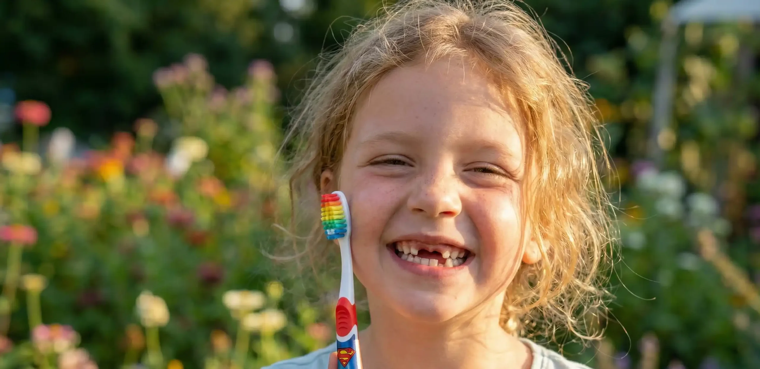 Χαρούμενο παιδί που χαμογελάει δείχνοντας τα νεογιλά του δόντια και κρατώντας μια πολύχρωμη οδοντόβουρτσα.