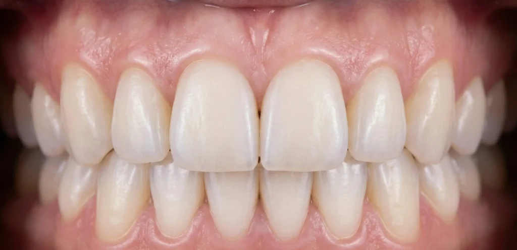 Κοντινό πλάνο σε υγιές, λαμπερό χαμόγελο με λευκά δόντια και υγιή ροζ ούλα.