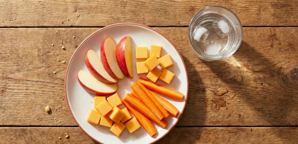 Υγιεινά σνακ για γερά δόντια που περιλαμβάνουν μήλα, καρότα, τυρί και νερό.