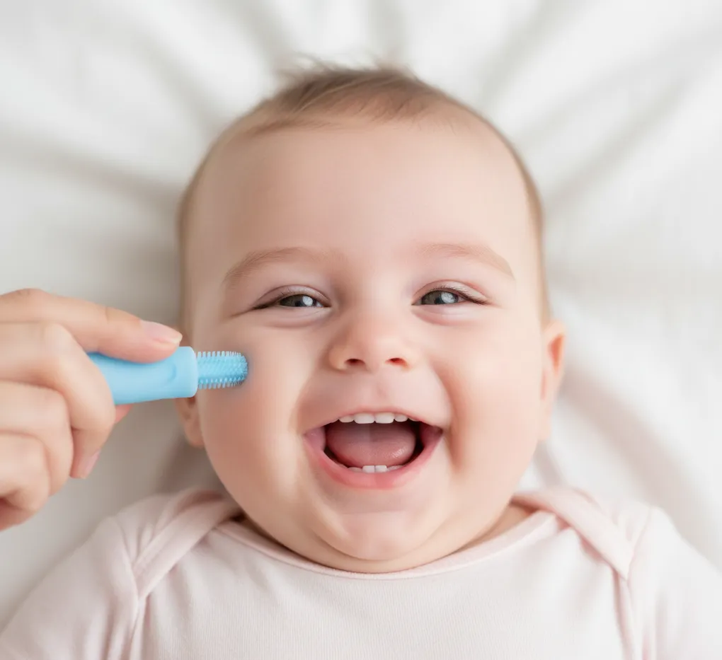 Μητέρα καθαρίζει απαλά τα ούλα ενός μωρού
