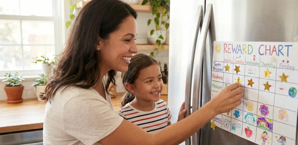 Μητέρα και κόρη βάζουν αυτοκόλλητο επιβράβευσης σε πίνακα για τη διακοπή του πιπιλίσματος δαχτύλου.