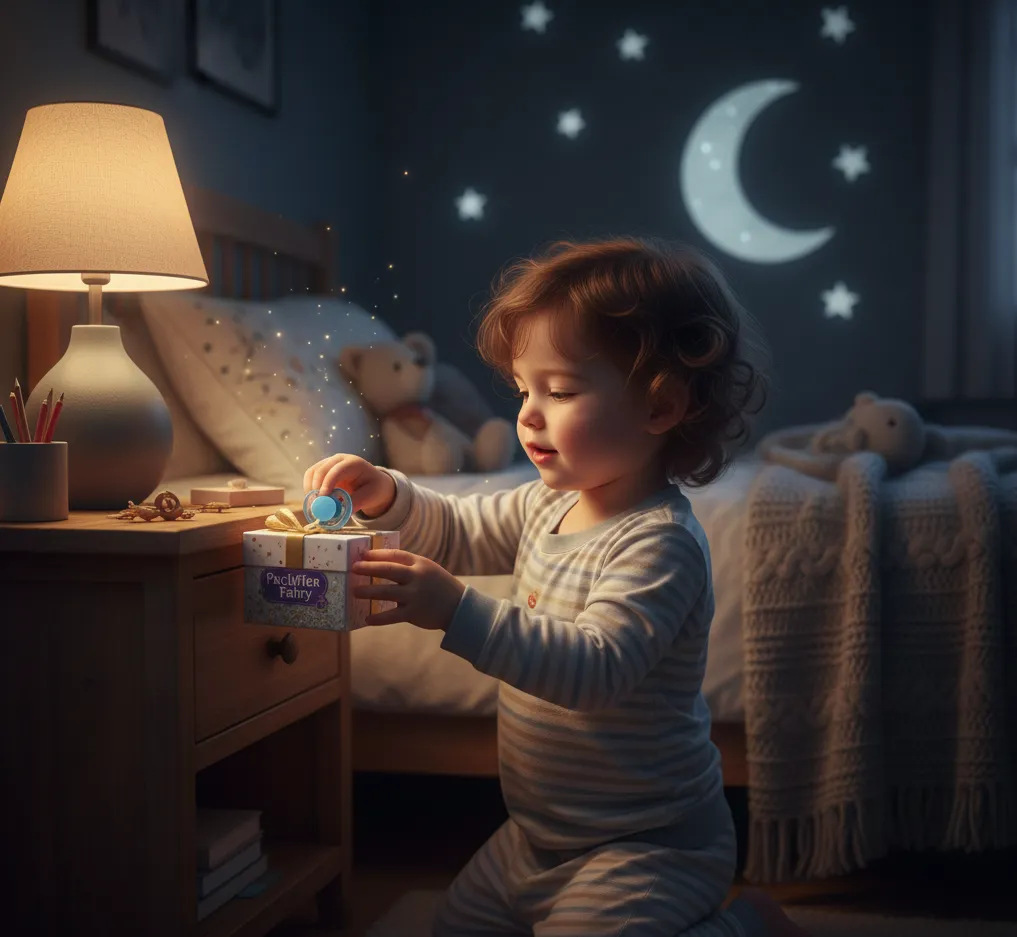 Παιδί βάζει την πιπίλα του σε ένα κουτί δώρου στο κομοδίνο για τη νεράιδα της πιπίλας.