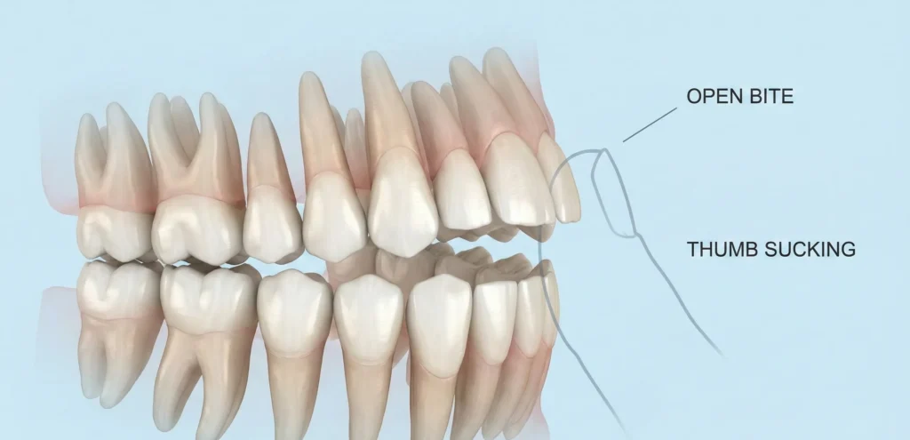  Ιατρική απεικόνιση ανοιχτής δήξης στα δόντια παιδιού που προκαλείται από το πιπίλισμα δαχτύλου.