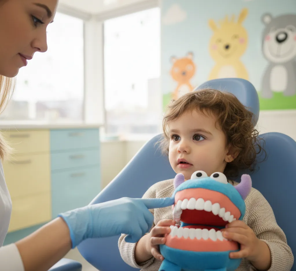 Νήπιο στο οδοντιατρείο μαθαίνει για τα δόντια παίζοντας με ένα ειδικό εκπαιδευτικό λούτρινο παιχνίδι.