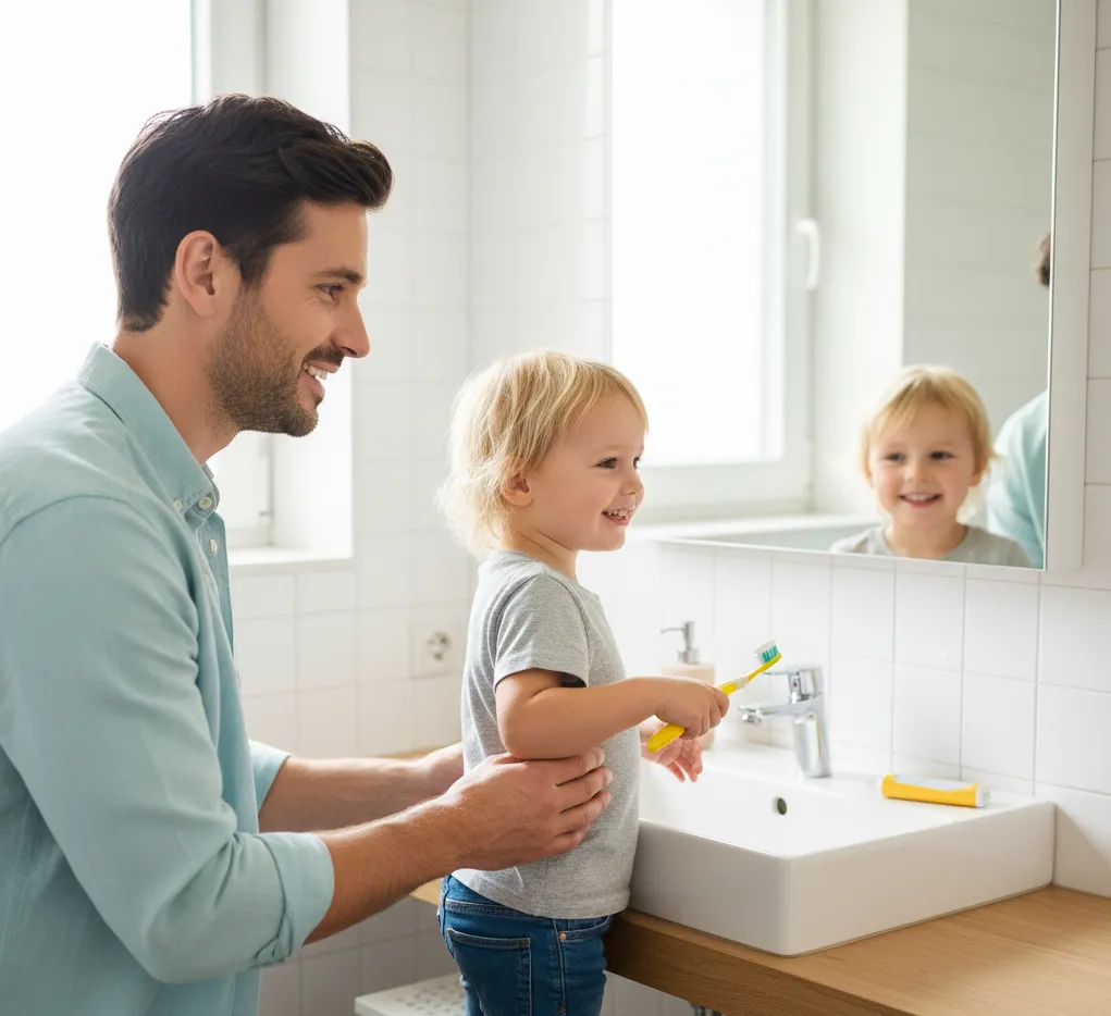 Παιδί προσχολικής ηλικίας βουρτσίζει τα δόντια του χρησιμοποιώντας κλεψύδρα για χρονομέτρηση.