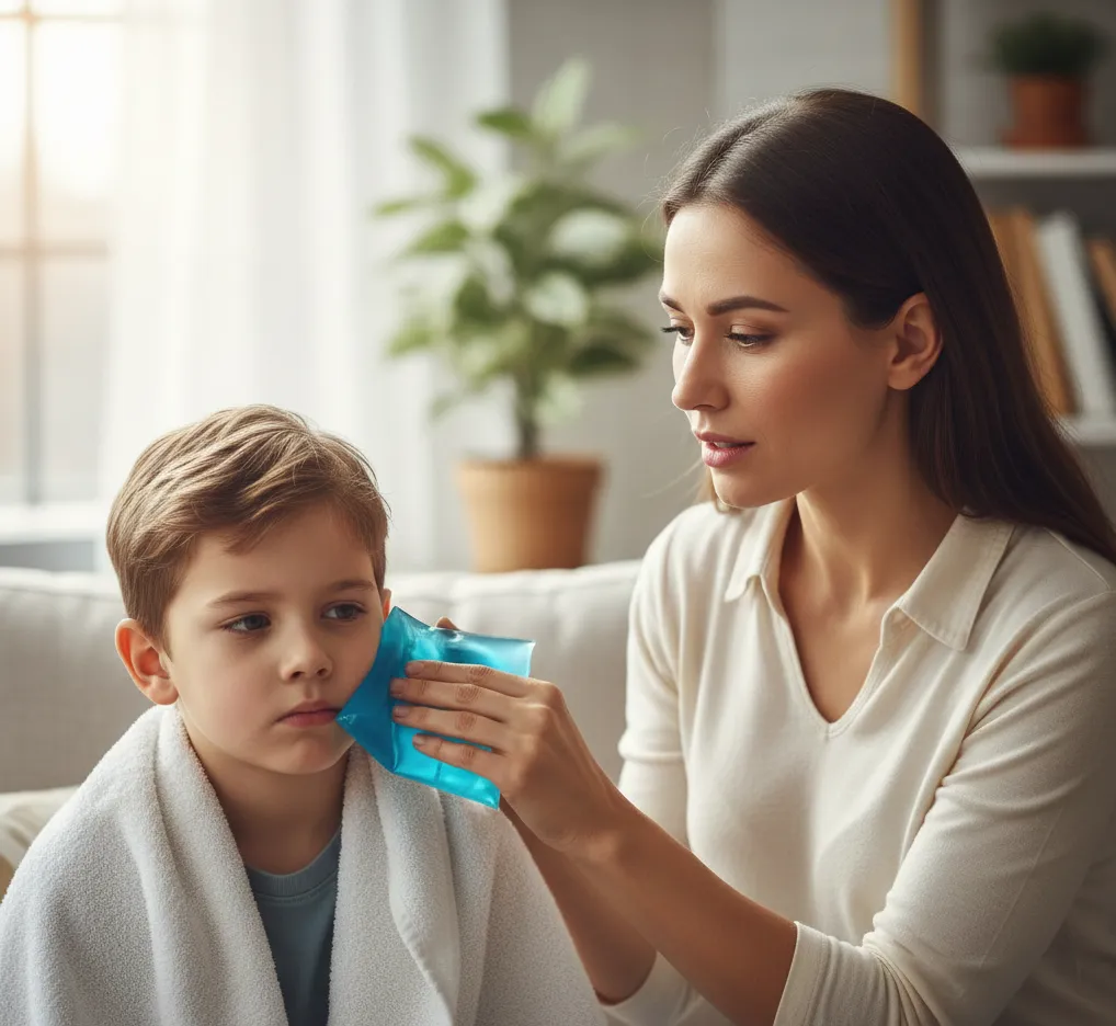 Μητέρα τοποθετεί κρύα κομπρέσα στο μάγουλο παιδιού μετά από τραυματισμό δοντιού για να μειώσει το πρήξιμο.