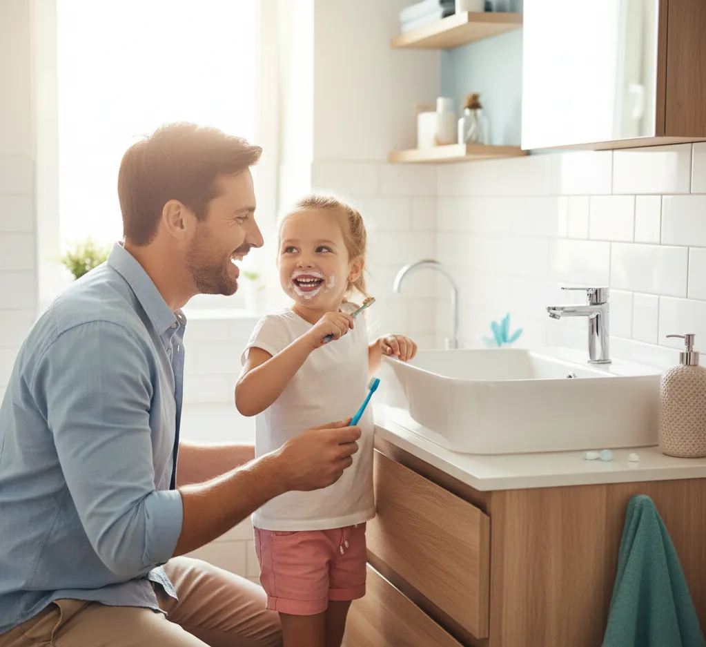 Πατέρας και κόρη βουρτσίζουν μαζί τα δόντια τους χαμογελώντας μπροστά στον καθρέφτη.