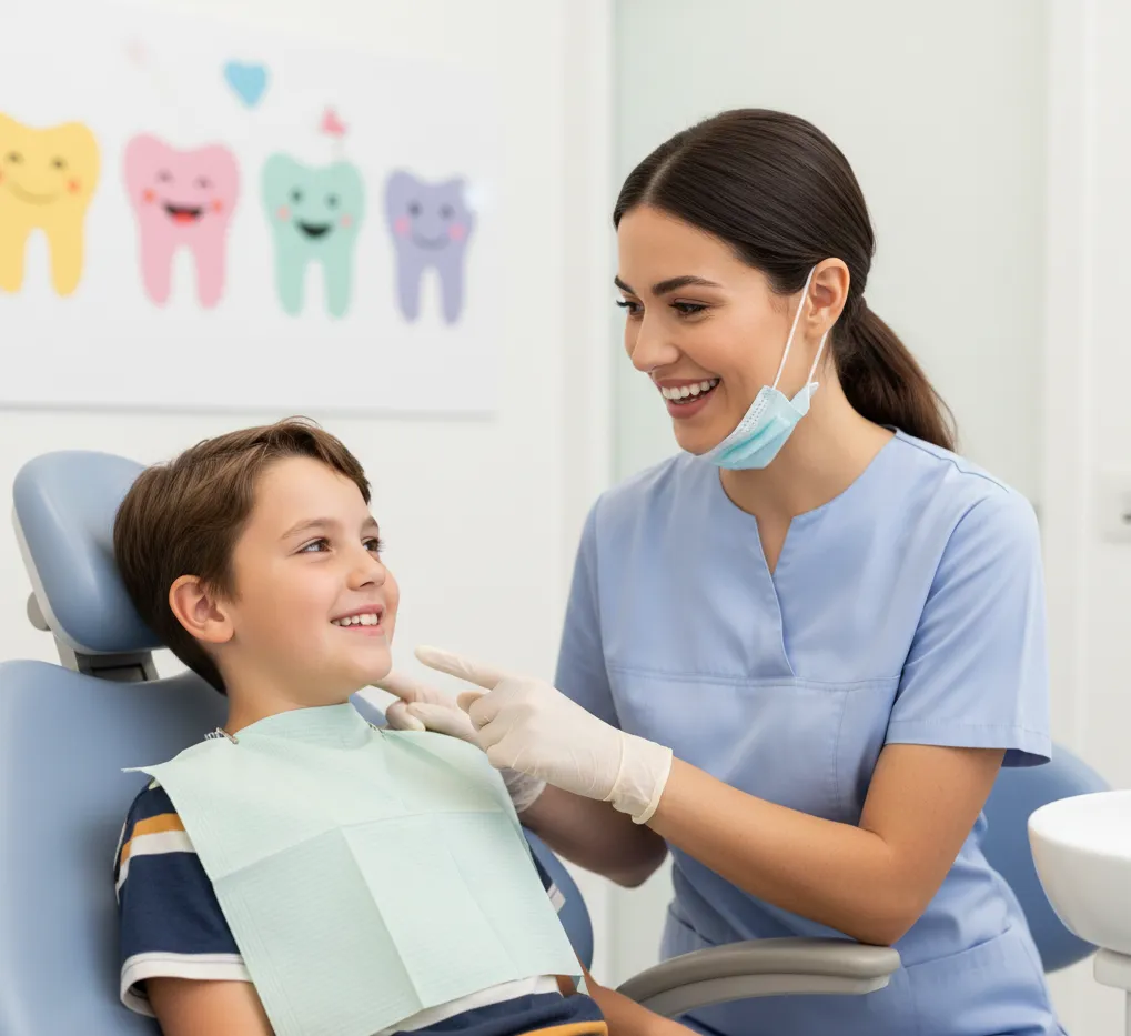 Παιδοδοντίατρος εξηγεί τη σωστή στοματική υγιεινή σε παιδί σχολικής ηλικίας κατά τη διάρκεια επίσκεψης.