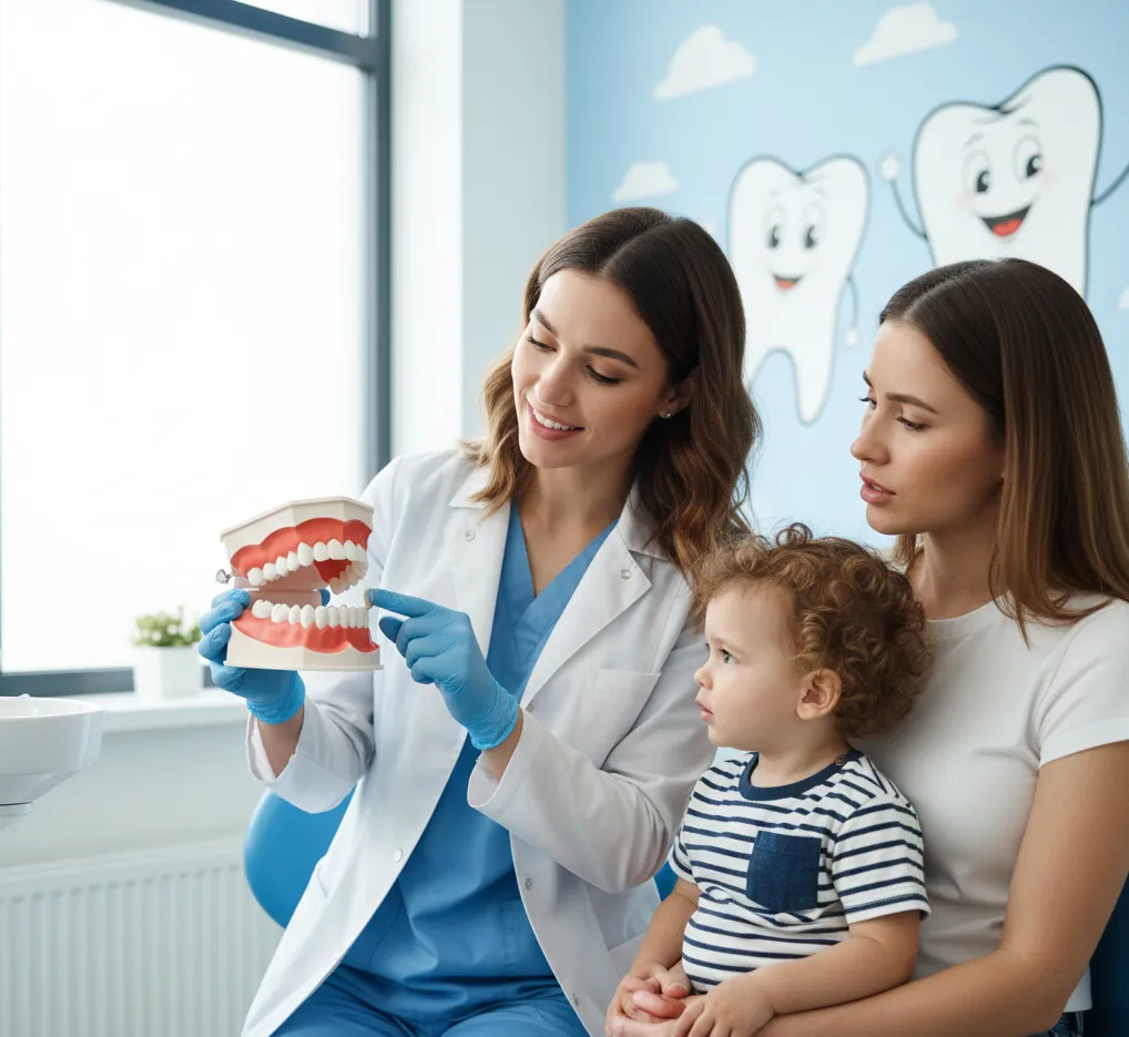 Παιδοδοντίατρος εξηγεί σε γονείς τις επιπτώσεις της πιπίλας στα δόντια χρησιμοποιώντας εκπαιδευτικό μοντέλο γνάθου.