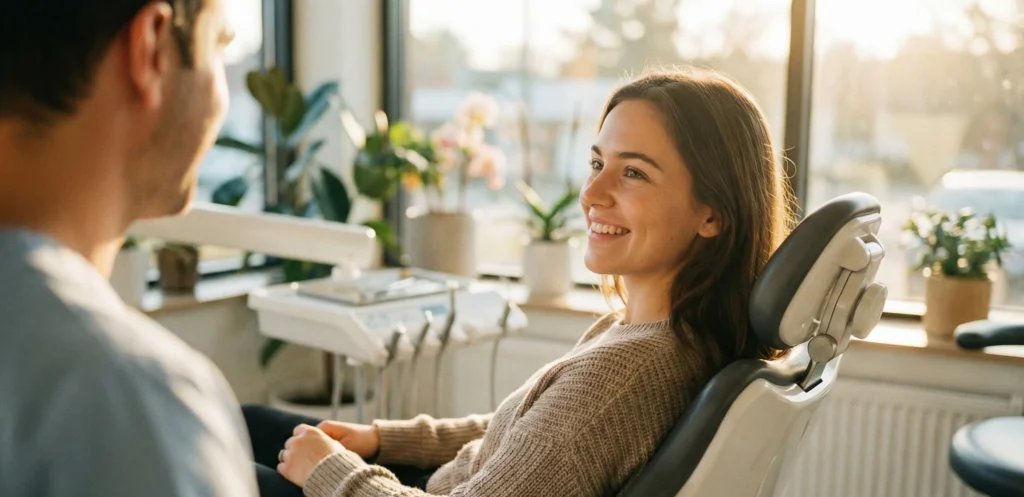 Χαμογελαστή και άνετη ασθενής στην οδοντιατρική καρέκλα μετά από ανώδυνη θεραπεία.