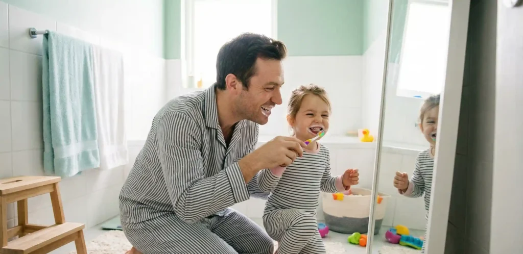 Γονιός βοηθάει το παιδί του να βουρτσίσει σωστά τα δόντια του μπροστά στον καθρέφτη του μπάνιου.
