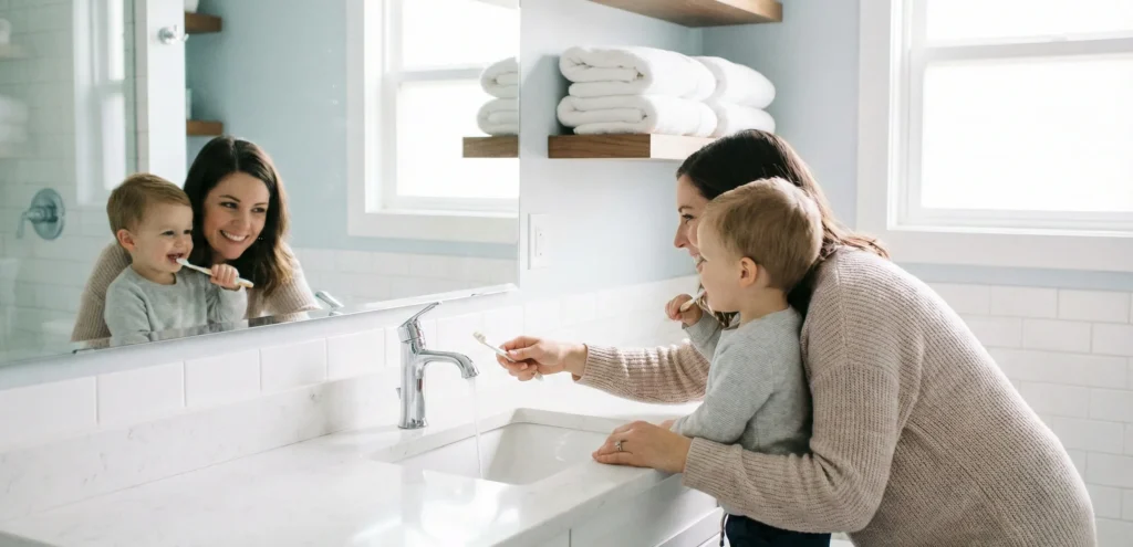 Γονιός βοηθάει ένα μικρό παιδί να βουρτσίσει τα δόντια του μπροστά στον καθρέφτη του μπάνιου.