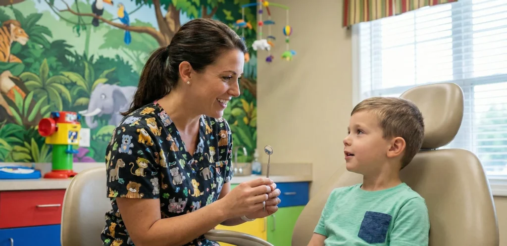 Παιδοδοντίατρος συζητά φιλικά με μικρό ασθενή για τη στοματική του υγεία.