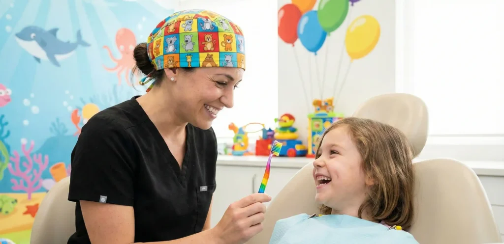 Παιδοδοντίατρος εξηγεί με παιγνιώδη τρόπο τη διαδικασία σε ένα χαρούμενο παιδί για να μειώσει τον φόβο του.