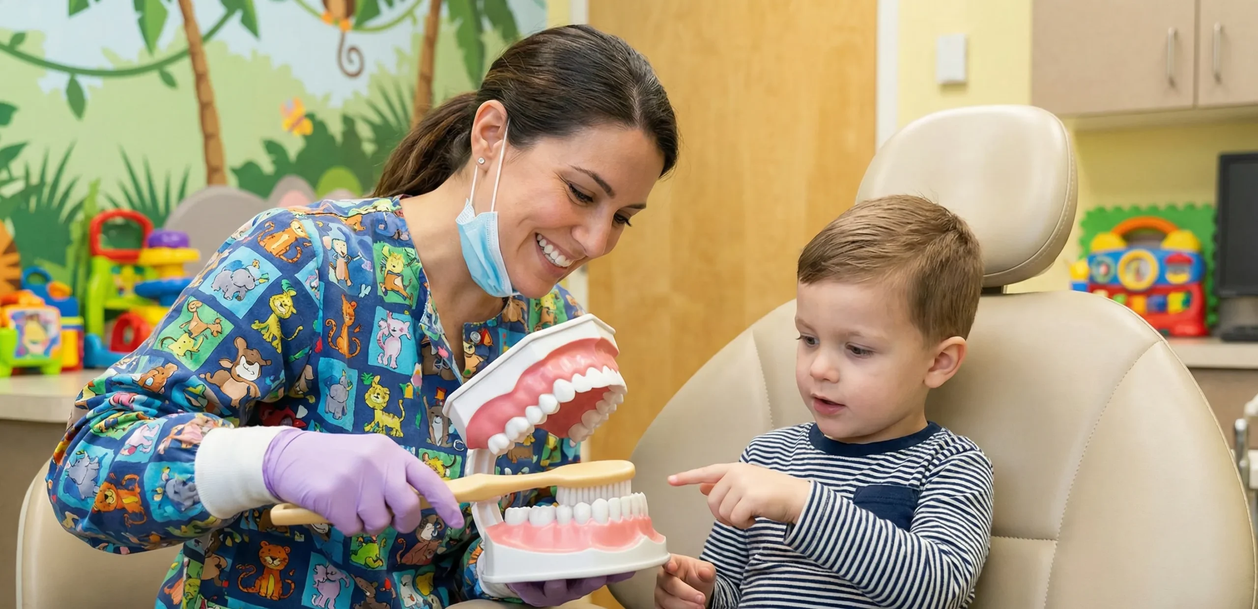 Παιδοδοντίατρος εξηγεί σε ένα παιδί πώς να βουρτσίζει τα δόντια χρησιμοποιώντας ένα εκπαιδευτικό μοντέλο.