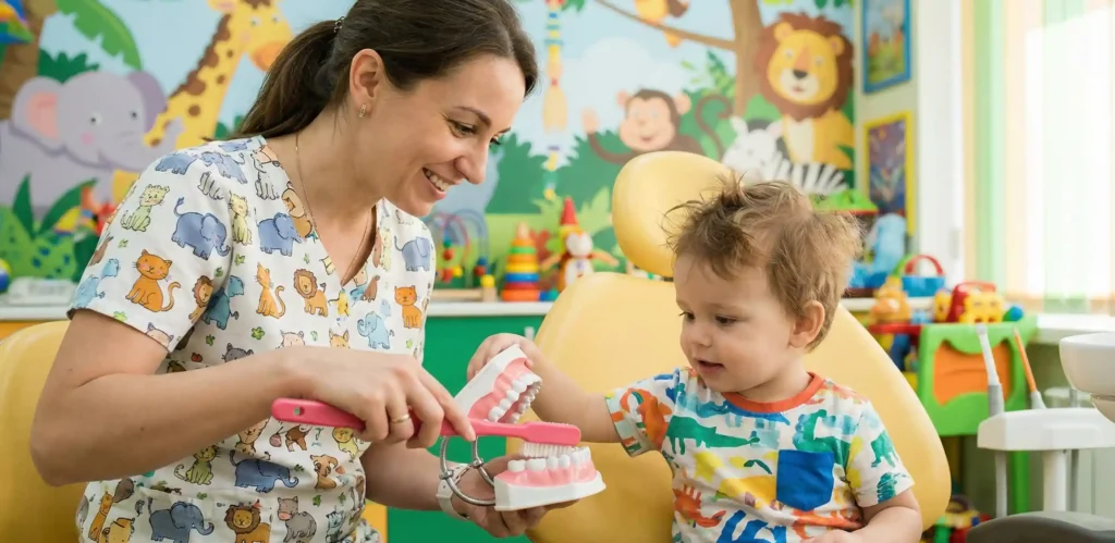 Παιδοδοντίατρος δείχνει σε ένα νήπιο πώς να βουρτσίζει τα δόντια χρησιμοποιώντας ένα εκπαιδευτικό ομοίωμα δοντιών.