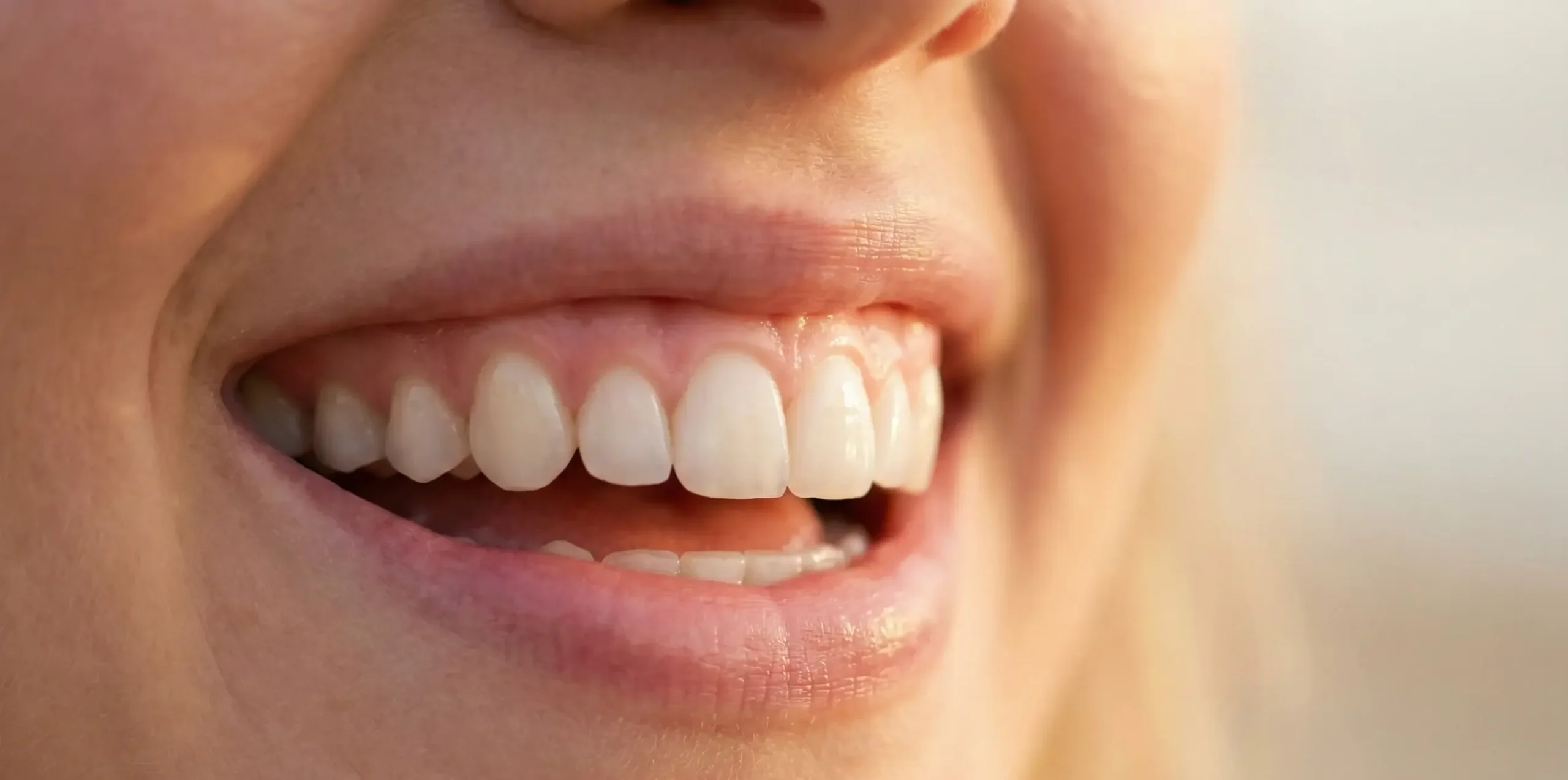 Γκρο πλαν γυναικείου προσώπου με λαμπερό, φυσικό χαμόγελο χάρη στις όψεις πορσελάνης.