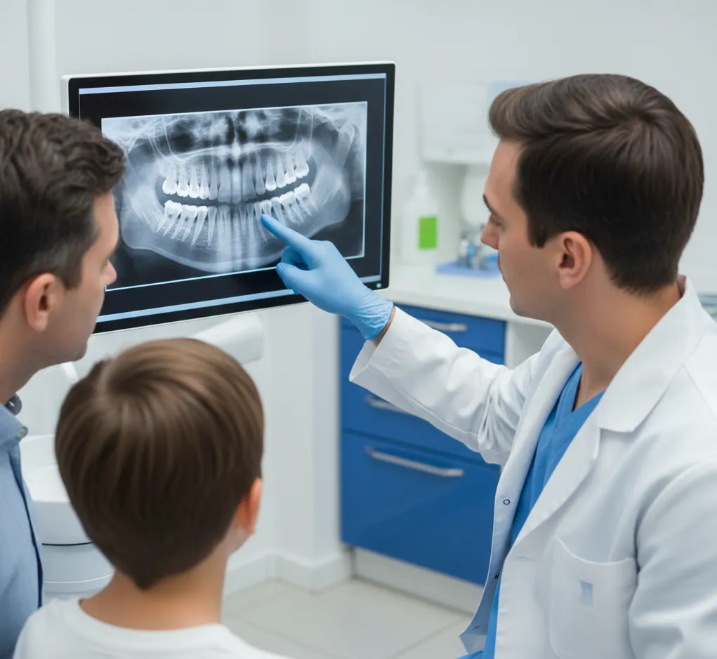 Οδοντίατρος εξηγεί την πανοραμική ακτινογραφία και την ανάπτυξη των μόνιμων δοντιών σε γονέα και έφηβο.