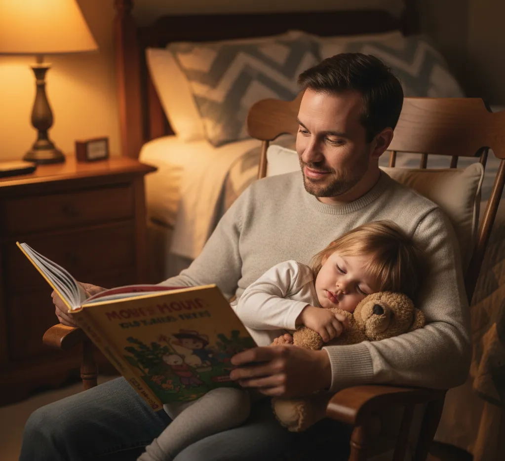 Πατέρας διαβάζει παραμύθι στο παιδί του πριν τον ύπνο, ως μέρος της νέας ρουτίνας χωρίς πιπίλα.