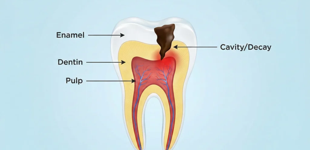 Τρισδιάστατη ιατρική απεικόνιση της ανατομίας δοντιού που δείχνει τερηδόνα να πλησιάζει το νεύρο.
